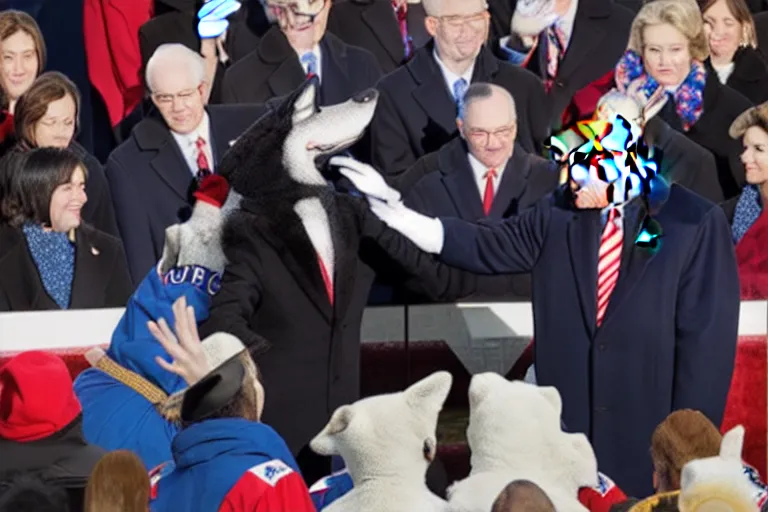 Image similar to photo of the usa presidential inauguration, a wolf fursuiter being inaugurated as president