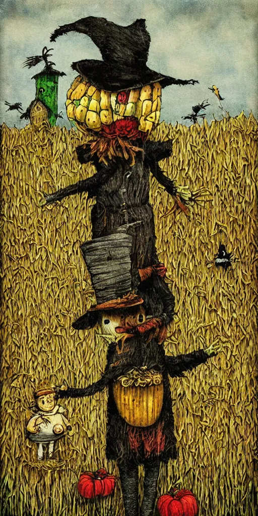 Prompt: a scarecrow and corn scene by alexander jansson