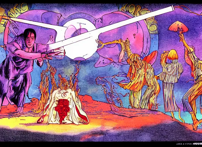 Image similar to a surreal scene from a feature film by wong kar - wai, alejandro jodorowsky and kenneth anger : : magical pagan ritual, retro sci - fi : : a storyboard drawing by moebius, ink and watercolor 8 k