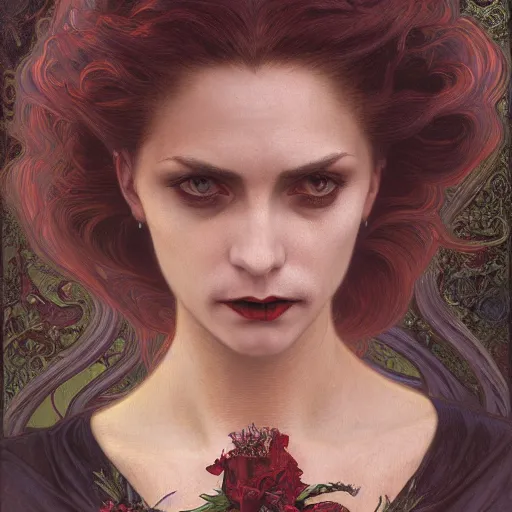 Image similar to portrait of a lady vampire, 35mm, victorian, depth of field, DOF, ominous, sharp, highly detailed, photorealistic, realistic, unreal 5, high definition, 8k, deviantart, donato giancola, irwin penn, Alphonse Mucha