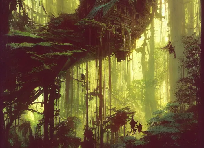 Image similar to treehouse interior, intricate, elegant, highly detailed, vivid colors, john harris, frazetta, tyrus wong, ruan jia, jeffrey catherine jones