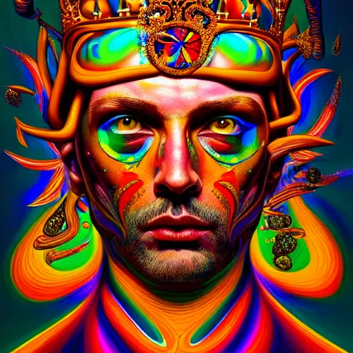 Prompt: An extremely psychedelic portrait of a King, surreal, LSD, face, detailed, intricate, elegant, lithe, highly detailed, digital painting, artstation, concept art, smooth, sharp focus, illustration