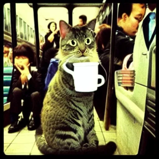 Prompt: “ unhappy cat wearing a suit holding coffee riding the subway, studio ghibli, spirited away, anime, by hayao miyazaki ”