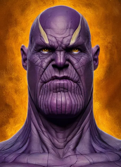 Image similar to thanos, au naturel, hyper detailed, digital art, trending in artstation, cinematic lighting, studio quality, smooth render, unreal engine 5 rendered, octane rendered, art style by klimt and nixeu and ian sprigger and wlop and krenz cushart