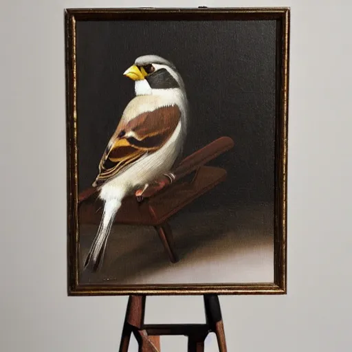 Image similar to an oil paiting of a sparrow perched on a chair, highly detailed, oleo, artstation, sharp focus, by diego velazquez