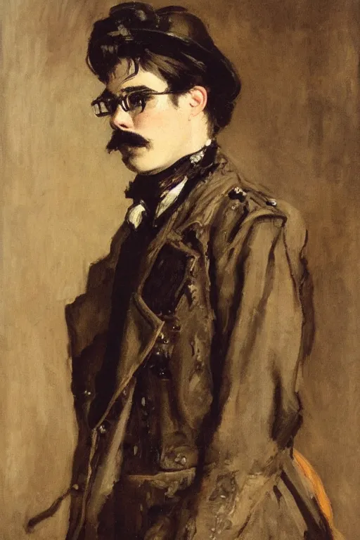 Prompt: close up portrait of a josh hartnett as a jolly steampunk edwardian gentleman vermillion military jacket and uniform facial hair glasses dark long hair deep eyes cheeky by walter sickert, john singer sargent, and william open