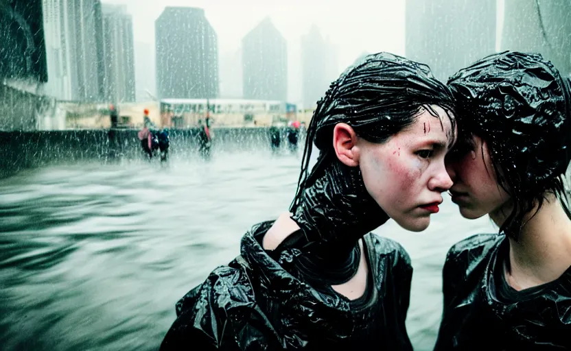 Prompt: cinestill 5 0 d candid photographic portrait by helen levitt of two loving female androids wearing rugged black mesh techwear in treacherous waters, extreme closeup, modern cyberpunk moody emotional cinematic, pouring rain, 8 k, hd, high resolution, 3 5 mm, f / 3 2, ultra realistic faces, ex machina