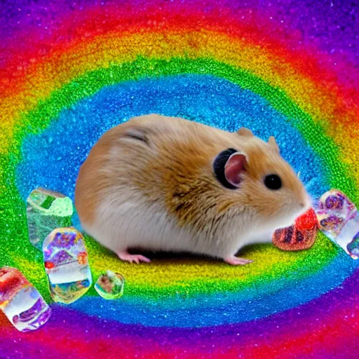 Image similar to a hamster made out of rainbow gems, 8k, hd, light reflection