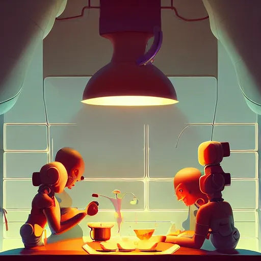 Prompt: cute kitchen dim lit by a candle ripped physique simon stalenhag gerald brom bastien grivet greg rutkowski portrait