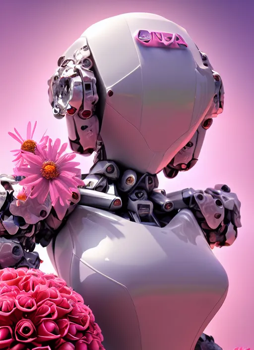 Prompt: mecha holding perfume bottle blooming from corals, daisies, roses contoured smooth fair walls carrying perfume bottle, up close shot, sharp focus, global illumination, radiant light, alexandre ferra white mecha, irakli nadar, octane highly render, 4 k, ultra hd,