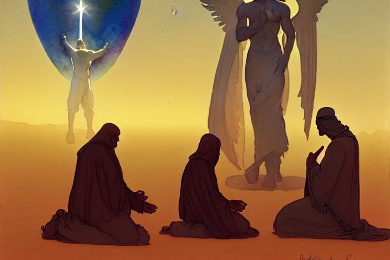 Image similar to a hyperrealist watercolour character concept art portrait of a group of middle eastern men kneeling down in prayer in front of a giant angel on a misty night in the desert. a ufo is in the background. by rebecca guay, michael kaluta, charles vess and jean moebius giraud