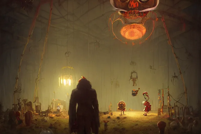 Image similar to skull clown inside a circus, illustrated by Simon Stålenhag and Gaston Bussiere, 35mm lens, rule of third, beautiful volumetric-lighting-style atmosphere, intricate, ultra detailed, photorealistic imagery, trending on artstation, 4k, 8k