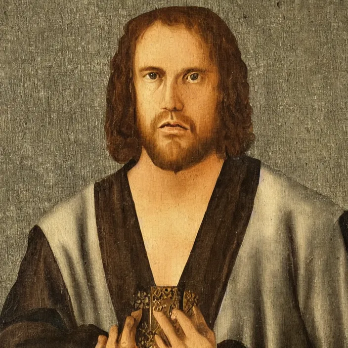 Image similar to hurley from tv show lost, early netherlandish painting