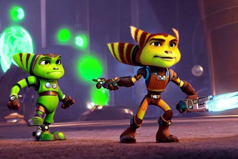 Prompt: live action film still of ratchet and clank in the new sci - fi movie