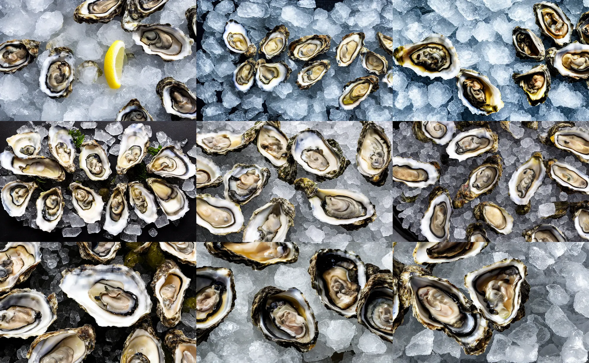 Prompt: Photograph of a oysters on ice, high-definition Michelin Star Quality
