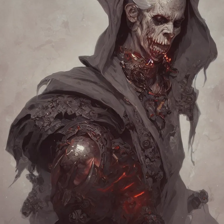 Image similar to portrait of a evil undead male necromancer, D&D, fantasy, highly detailed, digital painting, artstation, smooth, sharp focus, illustration, art by artgerm and greg rutkowski and alphonse mucha