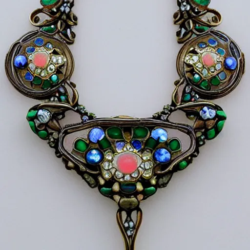 Prompt: beautiful old artnouveau lalique made necklace with gemstones