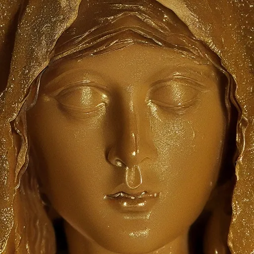 Image similar to a marble sculpture of the veiled virgin, subsurface scattering, !face, !female, covered in intricate !detailed golden streaked !!sheer veil , physically based rendering, photo realistic, top light , dark background