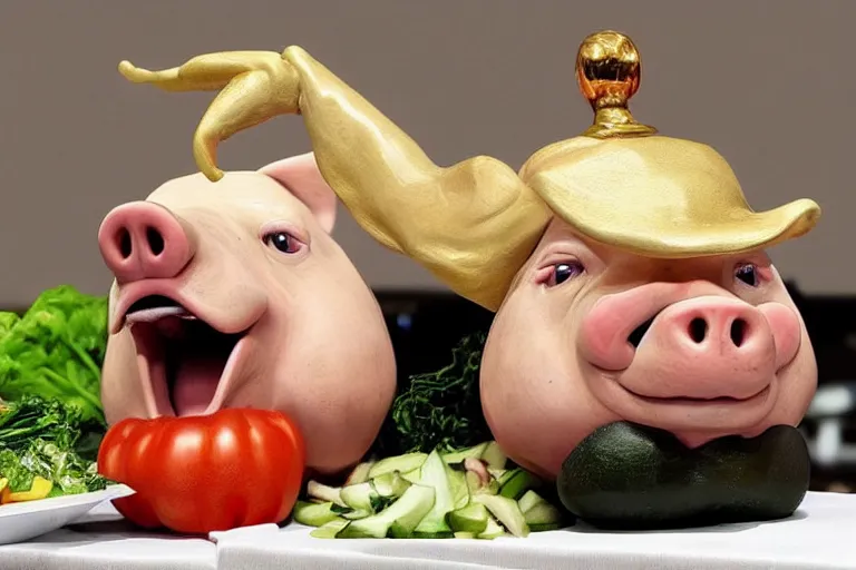 Image similar to a fake pig donald trump on top of vegetables on a table, a bronze sculpture by jeff a. menges, trending on pinterest, hyperrealism, hyper - realistic, hyper realism, playstation 5 screenshot