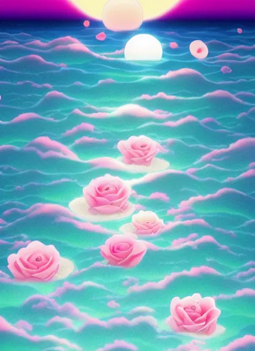 Image similar to On the surface of the sea in the moonlight, there were some roses floating on the surface of the sea，by Chiho Aoshima