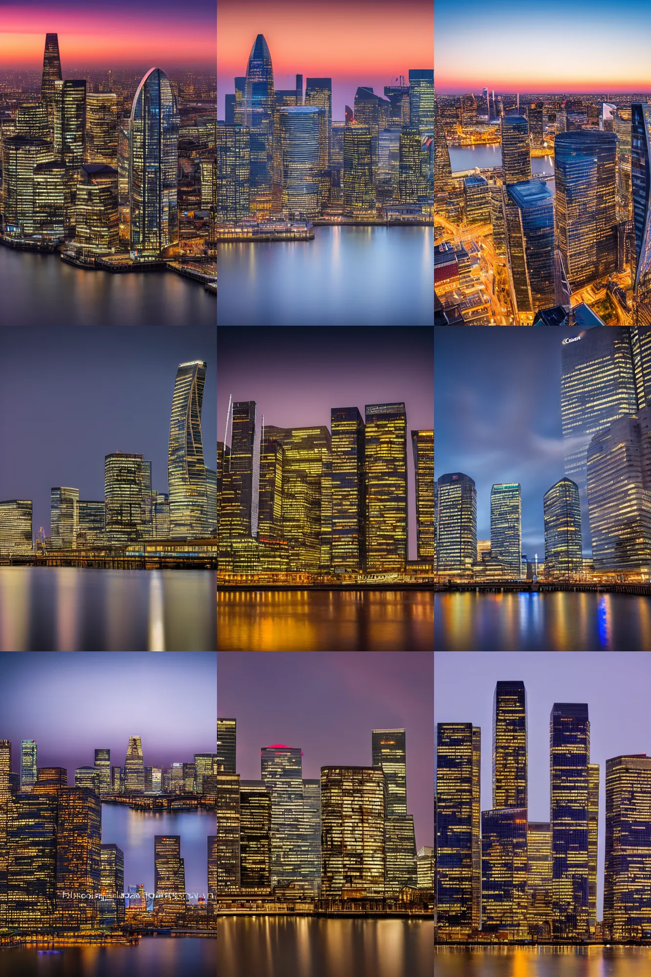 Prompt: high quality photograph of Canary Wharf in London at dusk, cirrus clouds, photography by a famous photographer, long exposure