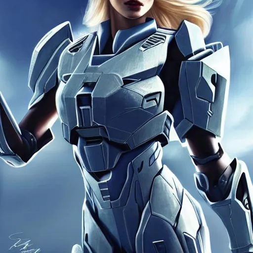 Image similar to A combination of Adriana Dxim's and Grace Kelly's and Ashley Greene's appearances with blonde hair wearing Forerunner armor from Halo, high tech, action shot, angular, full body portrait, futuristic, dramatic, fantasy, intricate, elegant, highly detailed, artstation, matte, sharp focus, 8K, art by Artgerm and Greg Rutkowski and Alphonse Mucha