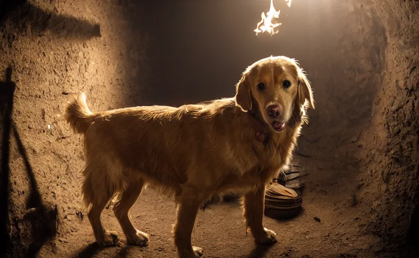 Prompt: a dirty golden retriever in a dimly lit gold mine with large piles of gold nuggets and wearing a black western hat and jacket, dim moody lighting, wooden supports and wall torches and pick axes, cinematic style photograph