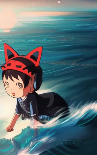 Image similar to little boy with cat ears wearing an latex suit with cape walking on ocean. digital painting made by makoto shinkai and james jean, perfect composition