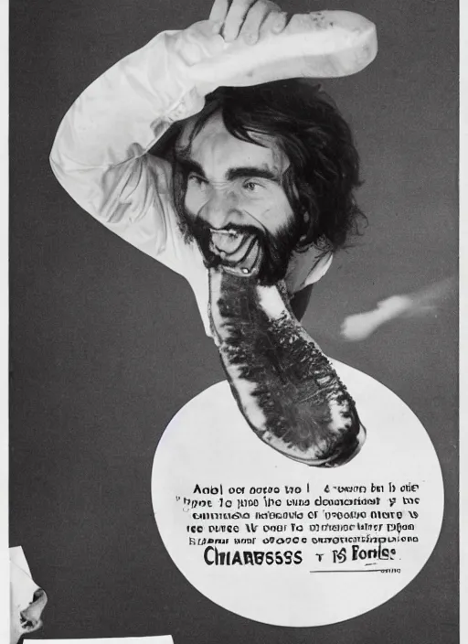 Prompt: vintage toothpaste advertisement depicting charles manson slipping on a banana peel