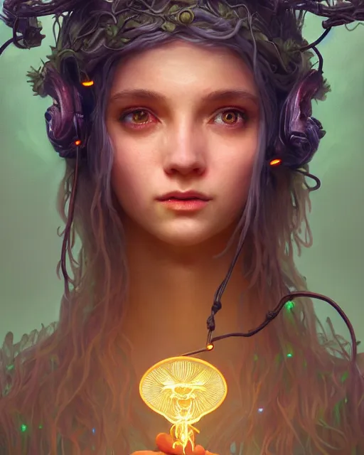 Image similar to portrait of a cute druid, male, bioluminescent, wires, horror, happy, highly detailed, digital painting, cinematic, hyperrealism, dark retrowave, art by pixar and stanley lau and artgerm and magali villeneuve and alphonse mucha, artstation, octane render, cgsociety