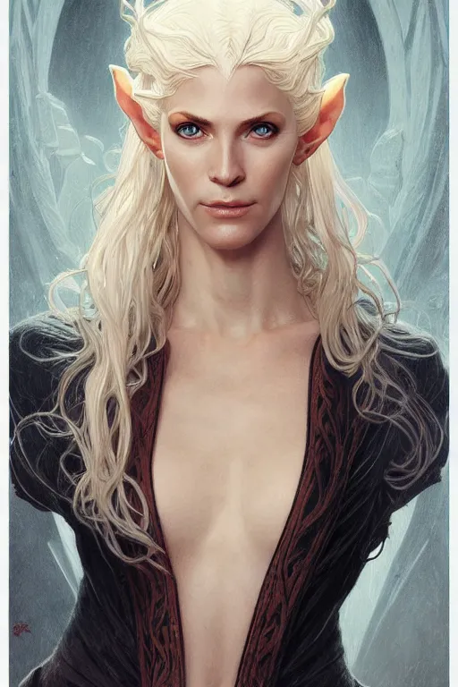 Image similar to portrait of an old blonde elven mage, dark, piercing eyes, gentle expression, elegant clothing, photorealistic, highly detailed, artstation, smooth, sharp focus, art by michael whelan, artgerm, greg rutkowski and alphonse mucha