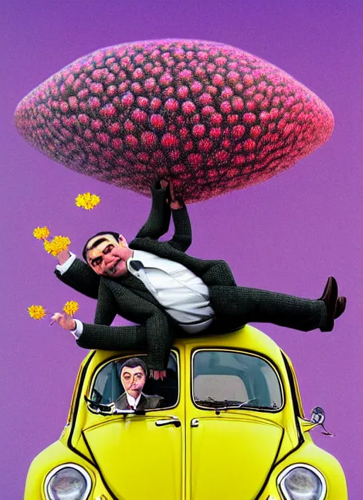 Image similar to hyper detailed 3d render like a Oil painting muted colors - slightly silly portrait of Rowan Atkinson cross eyed as Mr. Bean atop his yellow beetle in Aurora seen tickling of the Strangling network of yellowcake aerochrome and milky Fruit and Her delicate Hands hold of gossamer polyp blossoms bring iridescent fungal flowers whose spores black the foolish stars by Jacek Yerka, Mariusz Lewandowski, Houdini algorithmic generative render, Abstract brush strokes, Masterpiece, Edward Hopper and James Gilleard, Zdzislaw Beksinski, Nicoletta Ceccoli, Wolfgang Lettl, hints of Yayoi Kasuma, octane render, 8k