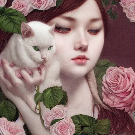 Prompt: white ( ( cat ) ) girl, botanical, rose, portrait face, colorful, kupka, intricate, miles johnston, kuroda seiki, ozabu, godward, painterly, yoshitaka amano, moebius, miles johnston, louise zhang, james jean, mark ryden lowbrow pop surrealism art style