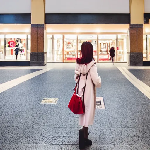 Prompt: a closeup portrait of woman walking in mall alone in style of 1990s, street photography seinen manga fashion edition, focus on face, eye contact, tilt shift style scene background, soft lighting, Kodak Portra 400, cinematic style, fish-eye lens, telephoto