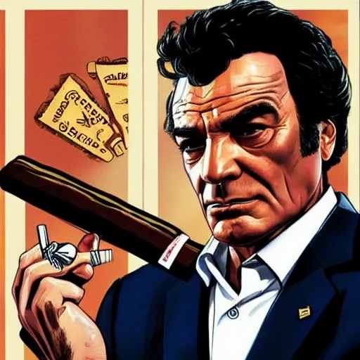 Prompt: GTAV cover art of Columbo holding a cigar