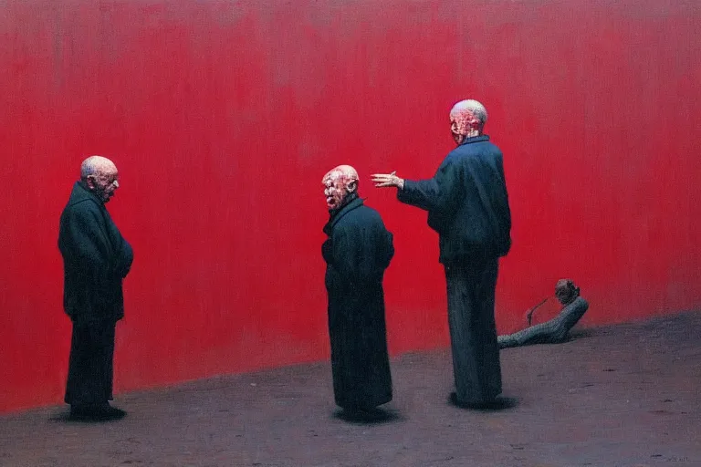 Image similar to only with red, a red old man try to sell a portrait, cheering crowd, in a old city square, in the style of beksinski, parts by edward hopper, parts by rodcenko, parts by yue minjun, intricate and epic composition, red by caravaggio, insanely quality, highly detailed, masterpiece, red light, artstation, 4 k