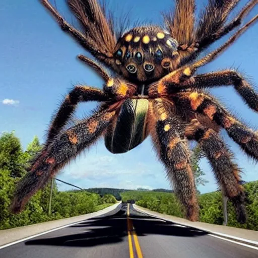 Prompt: real photo of a giant tarantula over the highway