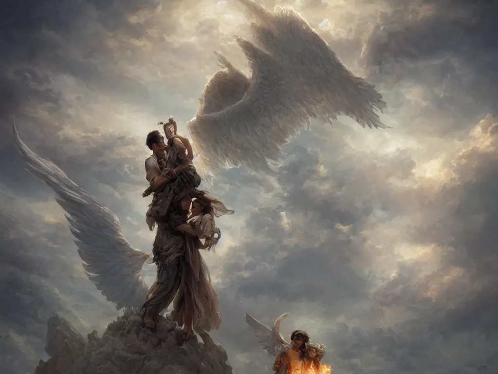 Image similar to angel carries a burning man in his arms in the clouds, fantasy art, award winning, dark fantasy, fantasy magic, intricate, elegant, sharp focus, cinematic lighting, highly detailed, digital painting, concept art, art by wlop and artgerm and greg rutkowski, masterpiece, trending on artstation, 8 k