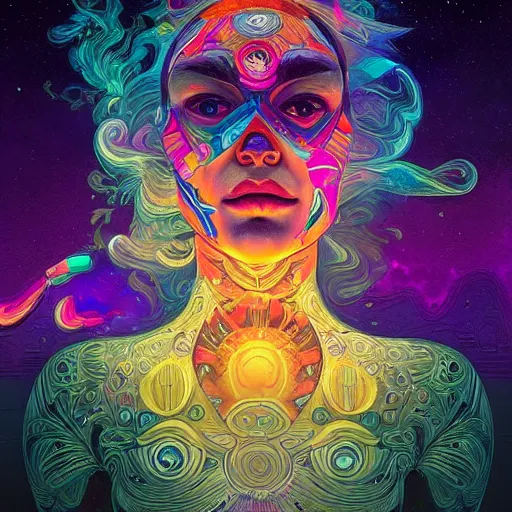 Image similar to An extremely psychedelic experience, colorful, surreal, dramatic lighting, cosmonaut, LSD, face, detailed, intricate, elegant, highly detailed, digital painting, artstation, concept art, smooth, sharp focus, illustration, art by Sam Spratt, Dan Mumford, Artem Demura and Alphonse Mucha