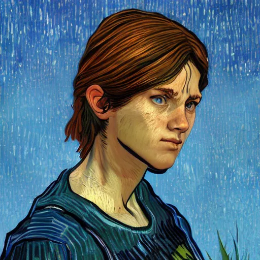 Image similar to Abby Anderson (from The Last of Us) in the style of Vincent Van Gogh, masterpiece digital painting, 4k wallpaper, intricate detail, beautiful, gorgeous, stunning, artstation