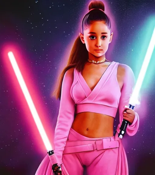 Image similar to A hyper realistic photo of Ariana Grande in the Star Wars universe with two pink lightsabers held in each hand. Maximum detail on artstation, photo realism