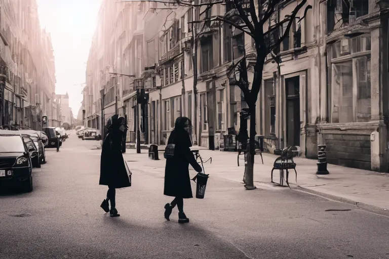 Image similar to Flim still of a woman drinking coffee, walking to work, long shot, wide shot, full shot