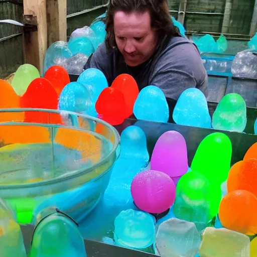 Image similar to a farmer of colorful blobs made of translucent slime trapping them and putting them in a pen