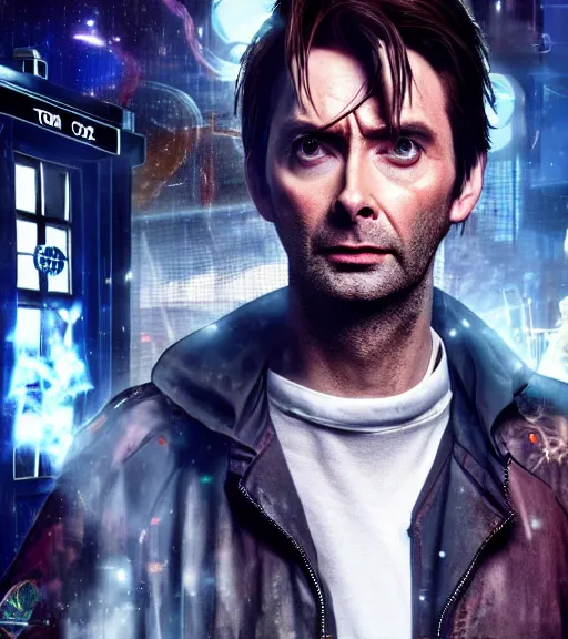 Image similar to David Tennant in the role of Doctor Who from Cyberpunk 2077, amazing short, 8K, IMAX, ultra detailed