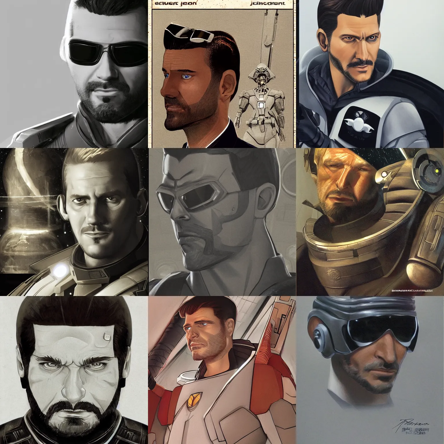 Image similar to adam jensen spaceship pilot portrait by ralph mcquarrie. trending at artstation