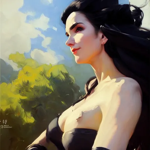 Image similar to Greg Manchess portrait painting of Yennefer of Vengerberg as Overwatch character, medium shot, asymmetrical, profile picture, Organic Painting, sunny day, Matte Painting, bold shapes, hard edges, street art, trending on artstation, by Huang Guangjian and Gil Elvgren and Sachin Teng