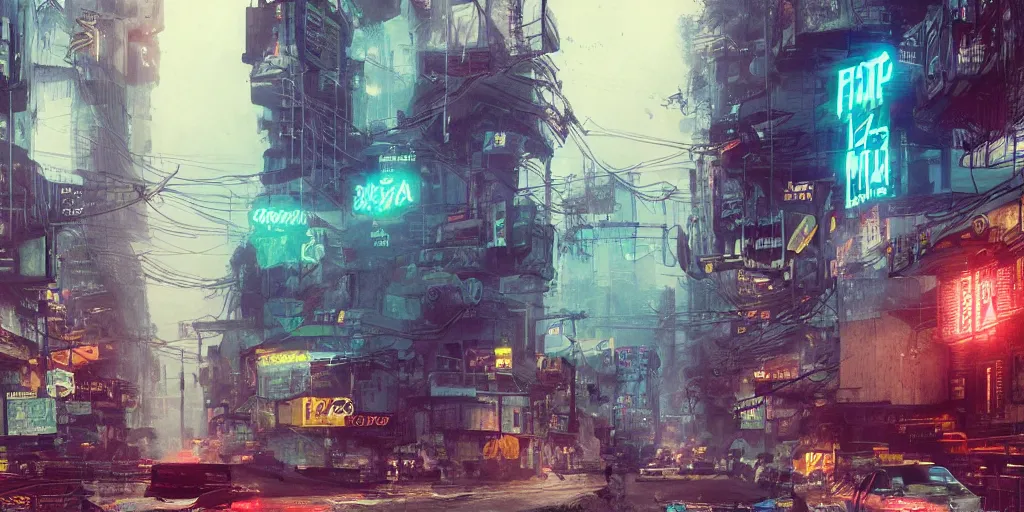 Image similar to a guatemalan solitary cyberpunk city, abandoned with neon ads and signs with evocative dramatic mood with blade runner vibe with cars and floating vehicles with motion blur with depth of field with bloom with lightshaft with volumetric lights and ads, fog, by jeremy mann oscar winning graphics, photo realistic, bloom, imax, dynamic lighting, artstation,