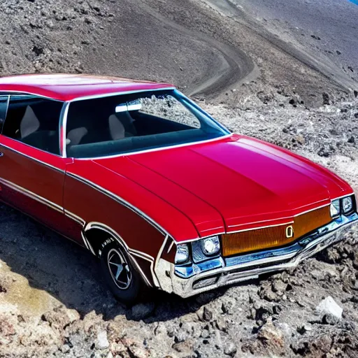 Prompt: an oldsmobile 4 4 2 on top of a volcano, painted by van gogh