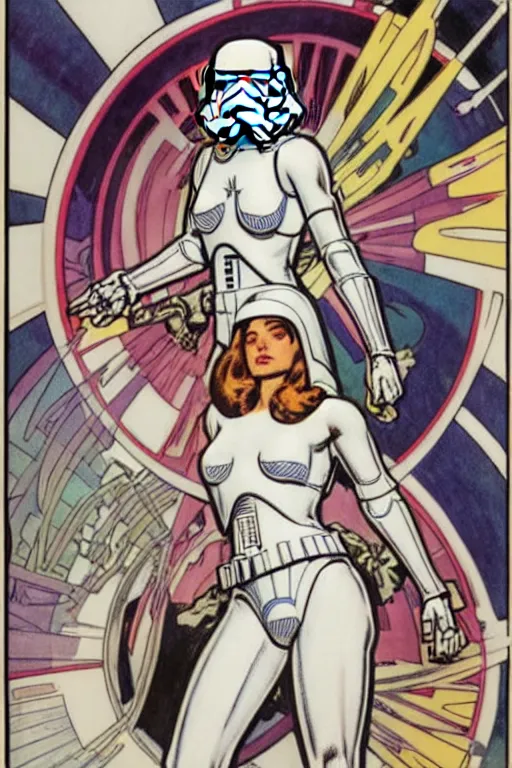 Image similar to female in white bikini with tattoos and stormtrooper helmet, well composed, clean elegant painting, beautiful detailed face. comic book art by steve ditko and jack kirby and ( alphonse mucha )