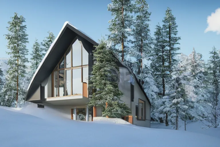 Prompt: modern modern fachwerk house with in the forest on the foot of Elbrus mountain covered by snow on the background, architecture, 3d render 8k , high details